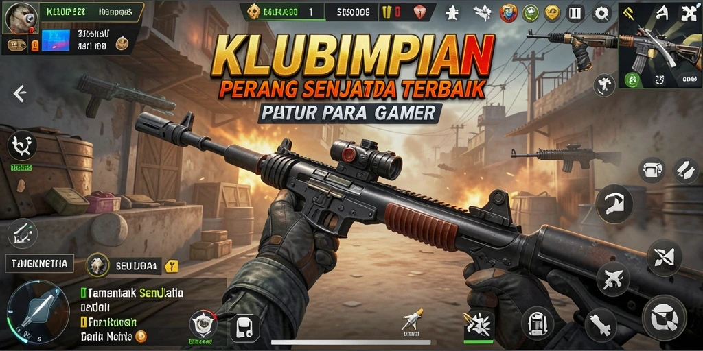 Antarmuka permainan KLUBIMPIAN menampilkan pertempuran seru dan pilihan senjata yang beragam.